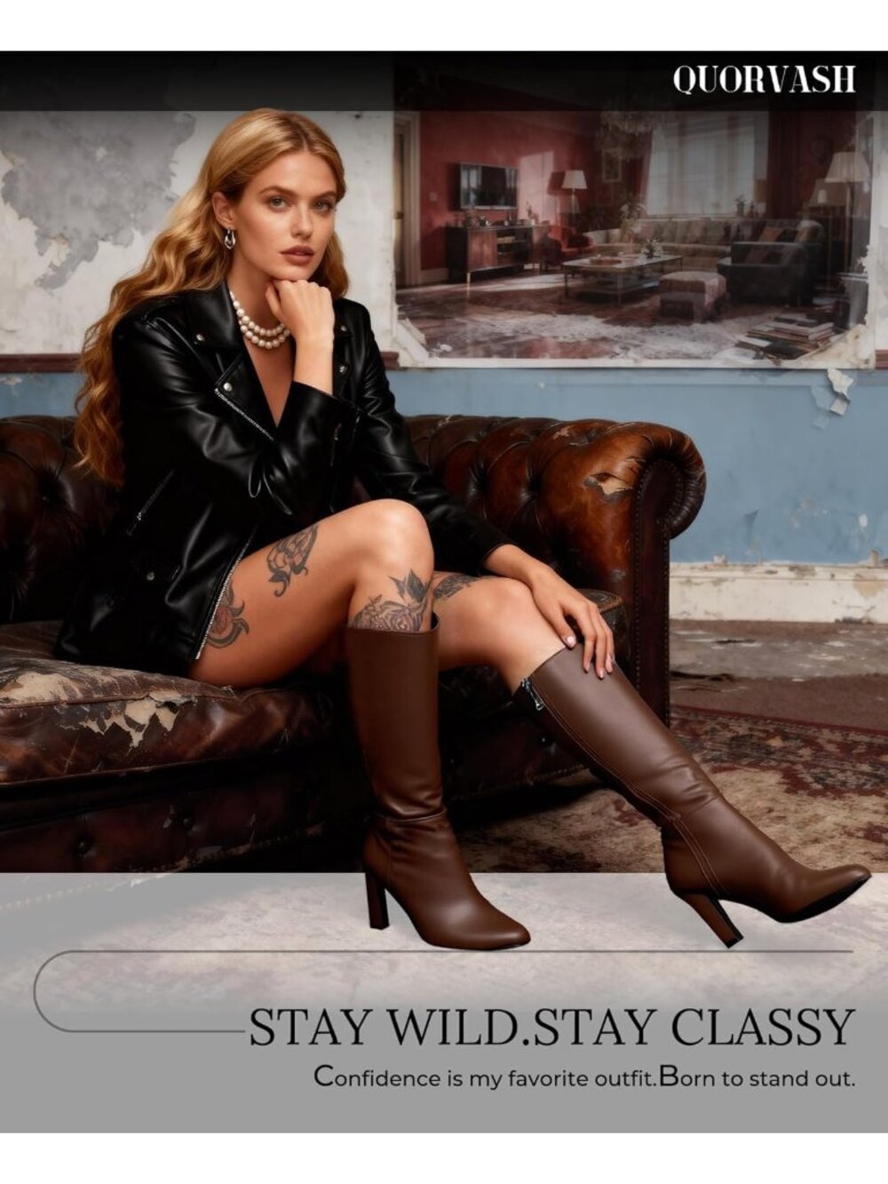 Women Brown Faux Leather Long Elastic Tall Mid Block Pointed Heel - Picture 5 of 5